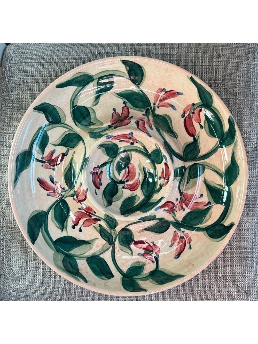 Gail Pittman Vintage Pottery, Floral & Vines Chip & Dip Platter, signed & dated